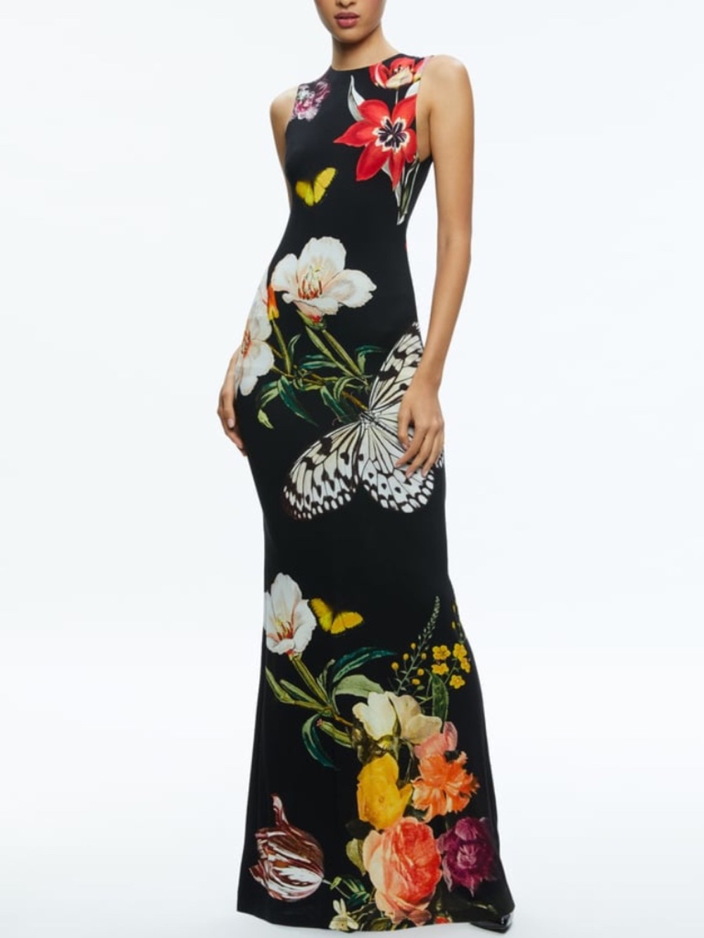 Alice + Olivia Delora Black Floral Butterfly Maxi Dress Essential Floral Size 2